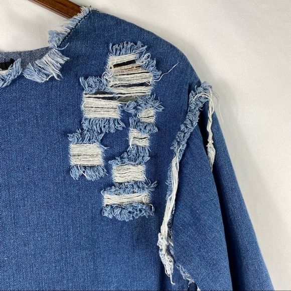 THRILL Denim Embroidered Distressed Mini Dress - L - Picture 7 of 7